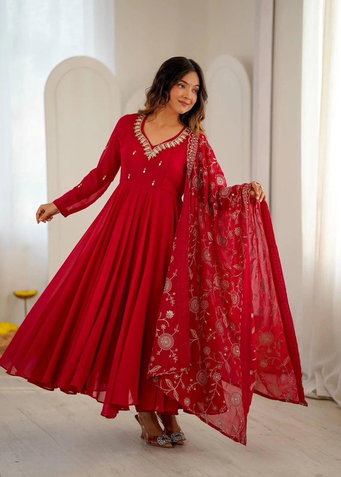 Heavy Faux Georgette Khatli Work With Real Mirror Anarkali Set